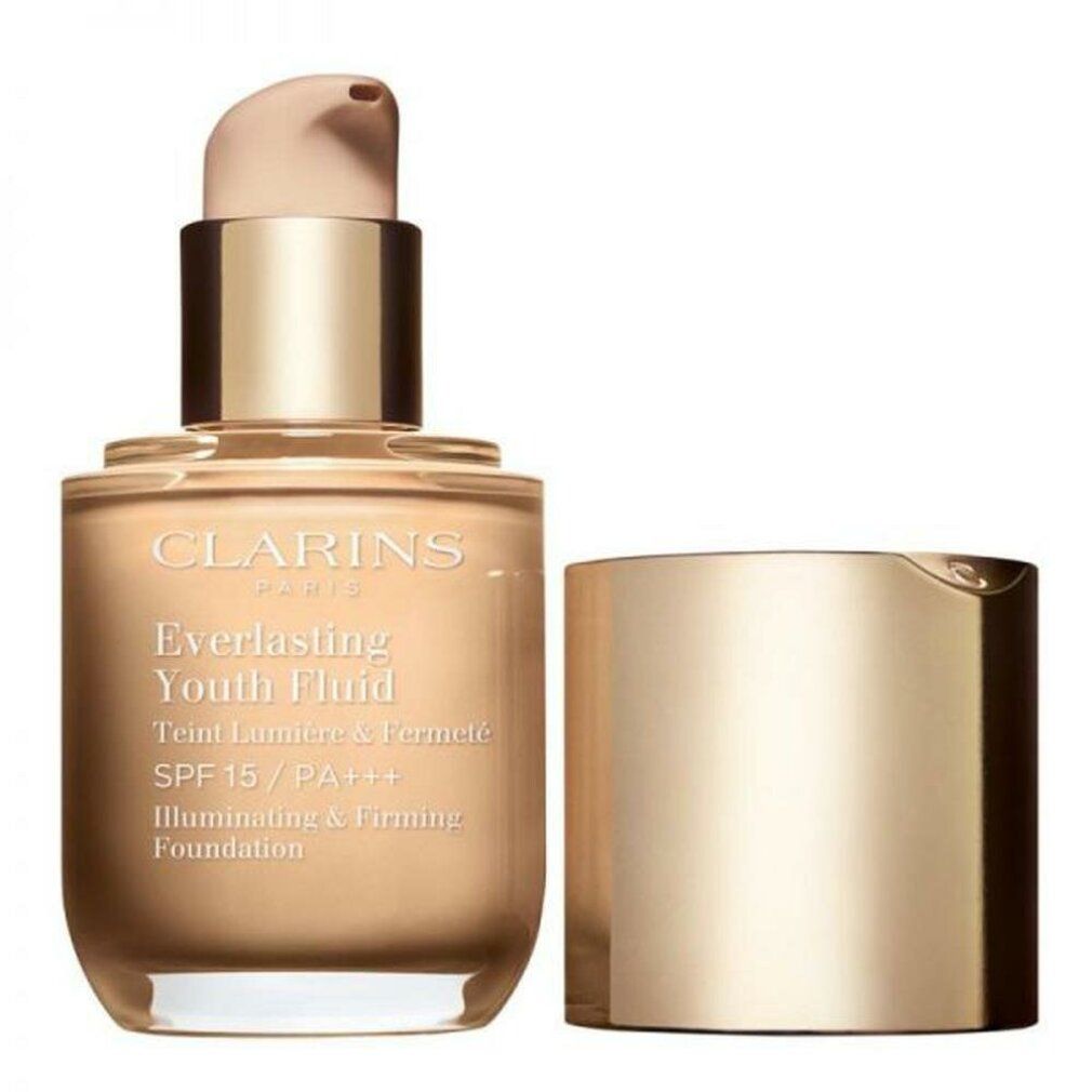 Flüssig-Make-up-Flakon mit geöffnetem Deckel. Goldfarbener Deckel. Aufschrift: Clarins, Everlasting Youth Fluid, SPF 15/PA+++.