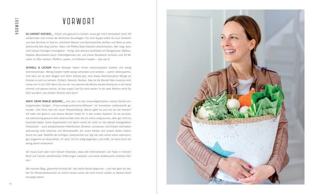 Buchseite mit Text und Bildern. Text über Rezepte und Zutaten. Bilder von Gerichten, Herzen und einer Frau mit Hund.