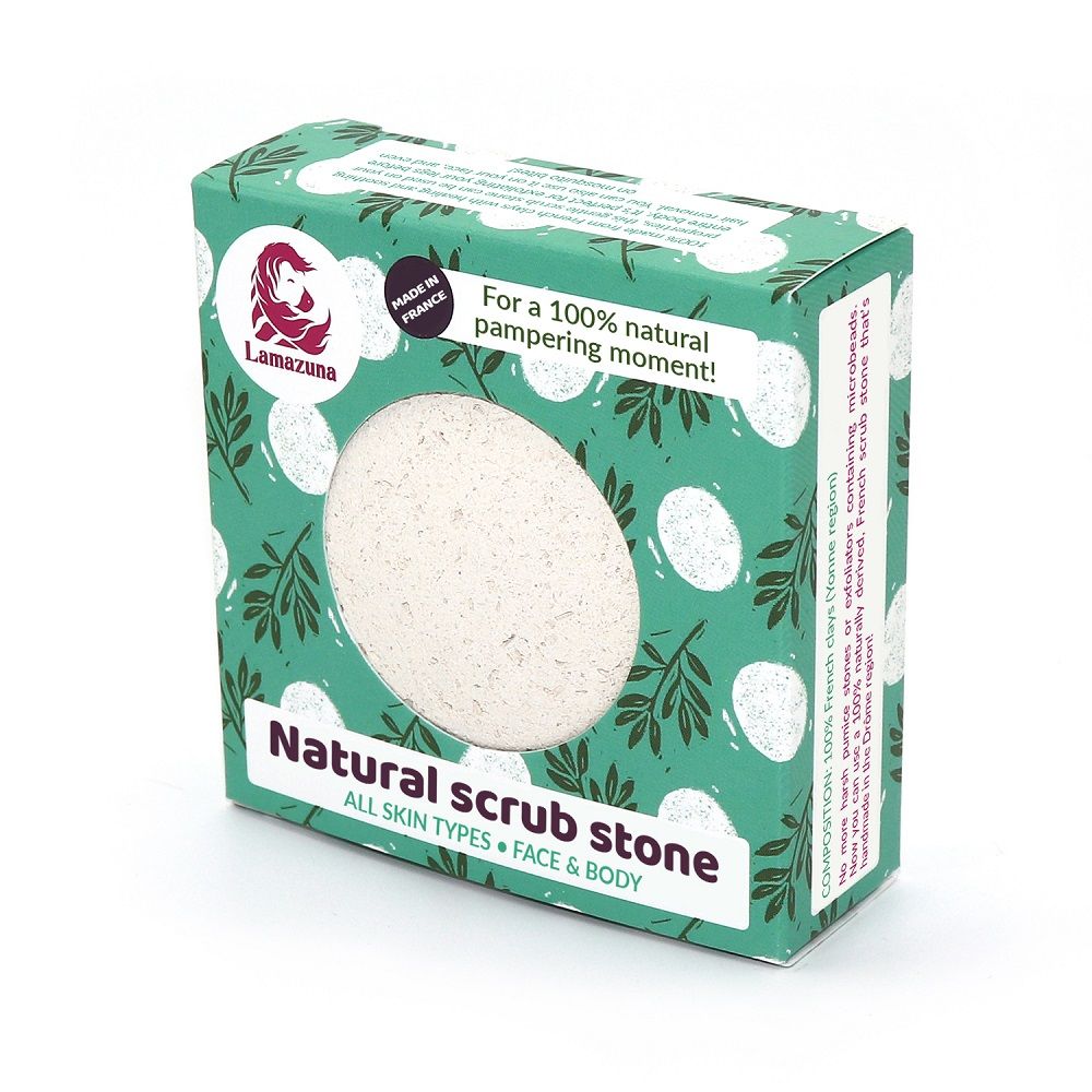 Verpackung für einen Peeling-Stein. Grün mit weißen Punkten und Blättern. Text: 'Natural scrub stone' und 'Face & Body'.