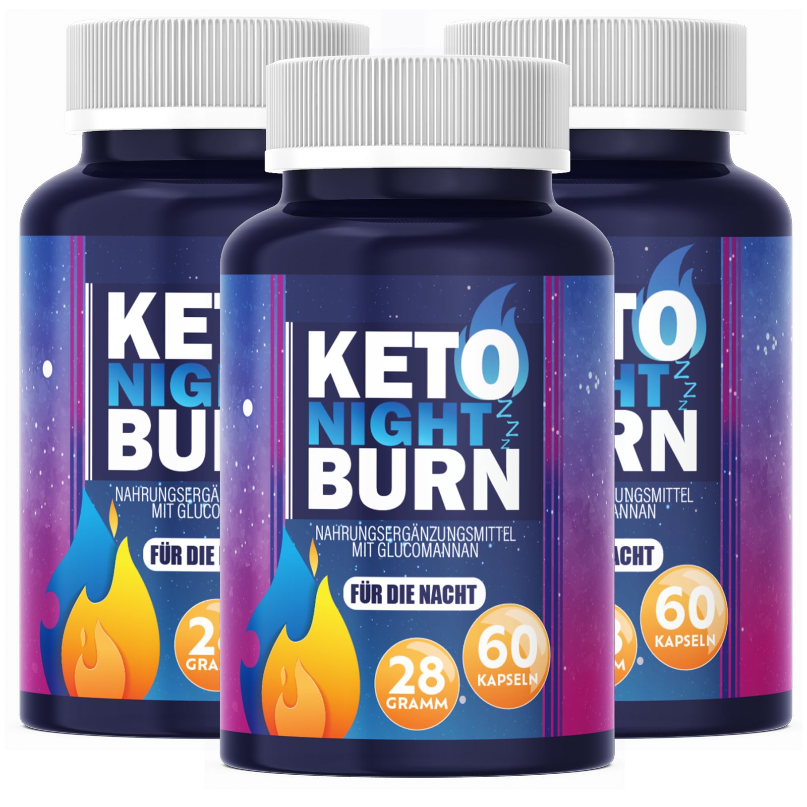 Drei Flaschen Keto Night Burn. Blaue Flaschen mit weißem Deckel. Aufschrift: Keto Night Burn, 60 Kapseln.