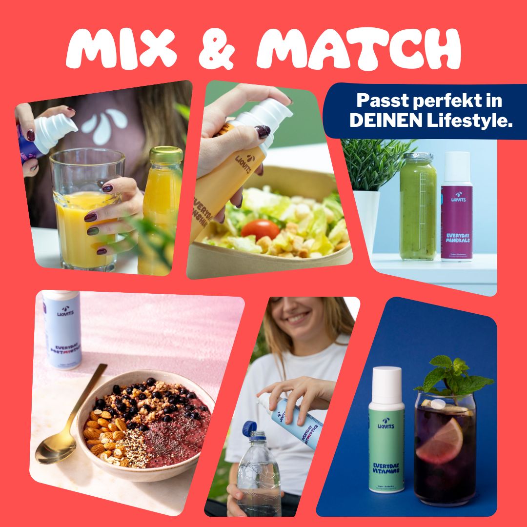 Collage mit verschiedenen Getränken und Speisen. Rote Flasche mit weißem Deckel. Aufschrift: LiqVits, FOCUS & ENERGY. Text: MIX & MATCH.