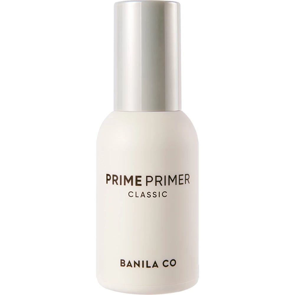Weiße Flasche mit silbernem Verschluss. BANILA CO PRIME PRIMER CLASSIC.