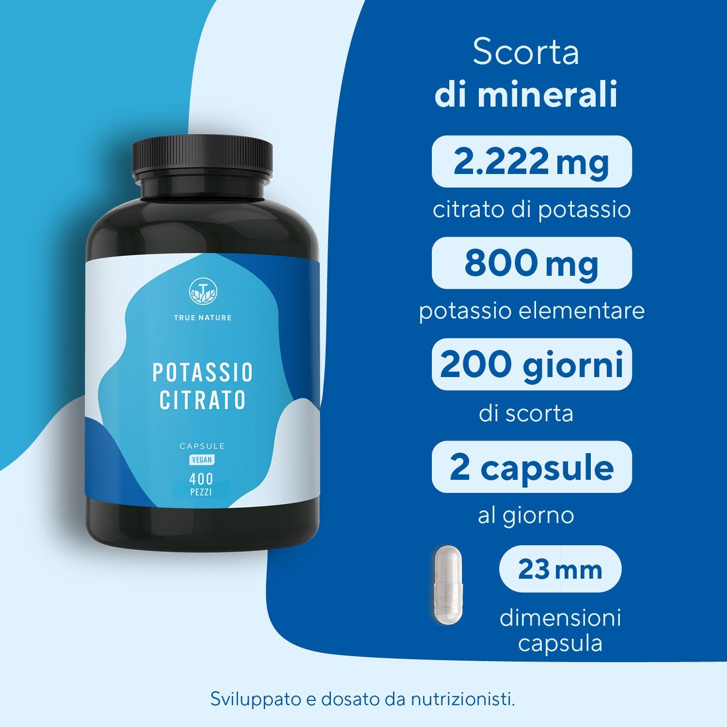 Flacone nero con etichetta blu. Contiene capsule di potassio. 400 pezzi. Vegano. Con sigillo 'Made in Germany'.