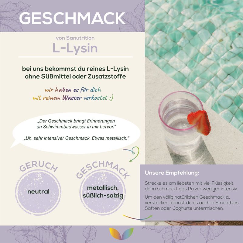 Glas Wasser mit Erdbeere. Text: 'Geschmack von Sanutrition L-Lysin'. Diagramme: 'neutral', 'metallisch, süßlich-salzig'.