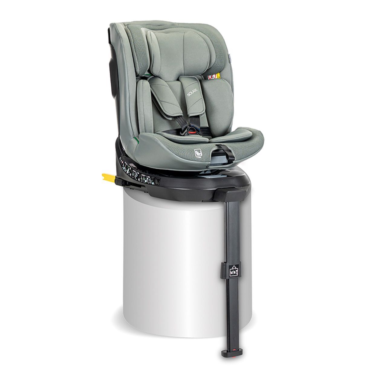 Grauer Kindersitz mit 5-Punkt-Gurt, drehbar auf einer Basis. Anzeige der 360-Grad-Drehung.