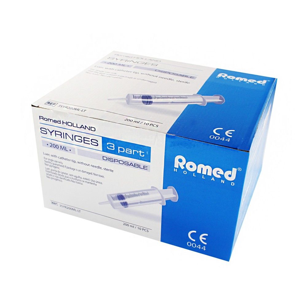 Verpackung mit Spritzen, 3-teilig, mit Luer-Ansatz. Romed-Logo, CE-Kennzeichnung. 200 ml.