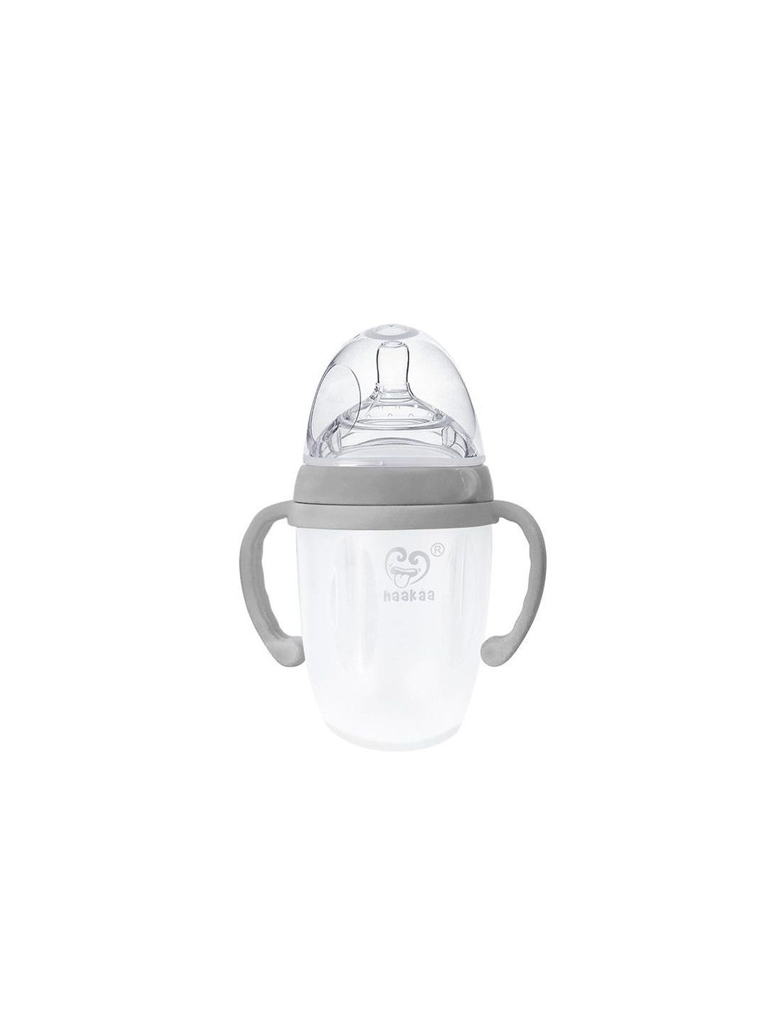 Babyflasche mit Griffen, transparentem Körper, grauem Deckel und Sauger. Logo sichtbar.
