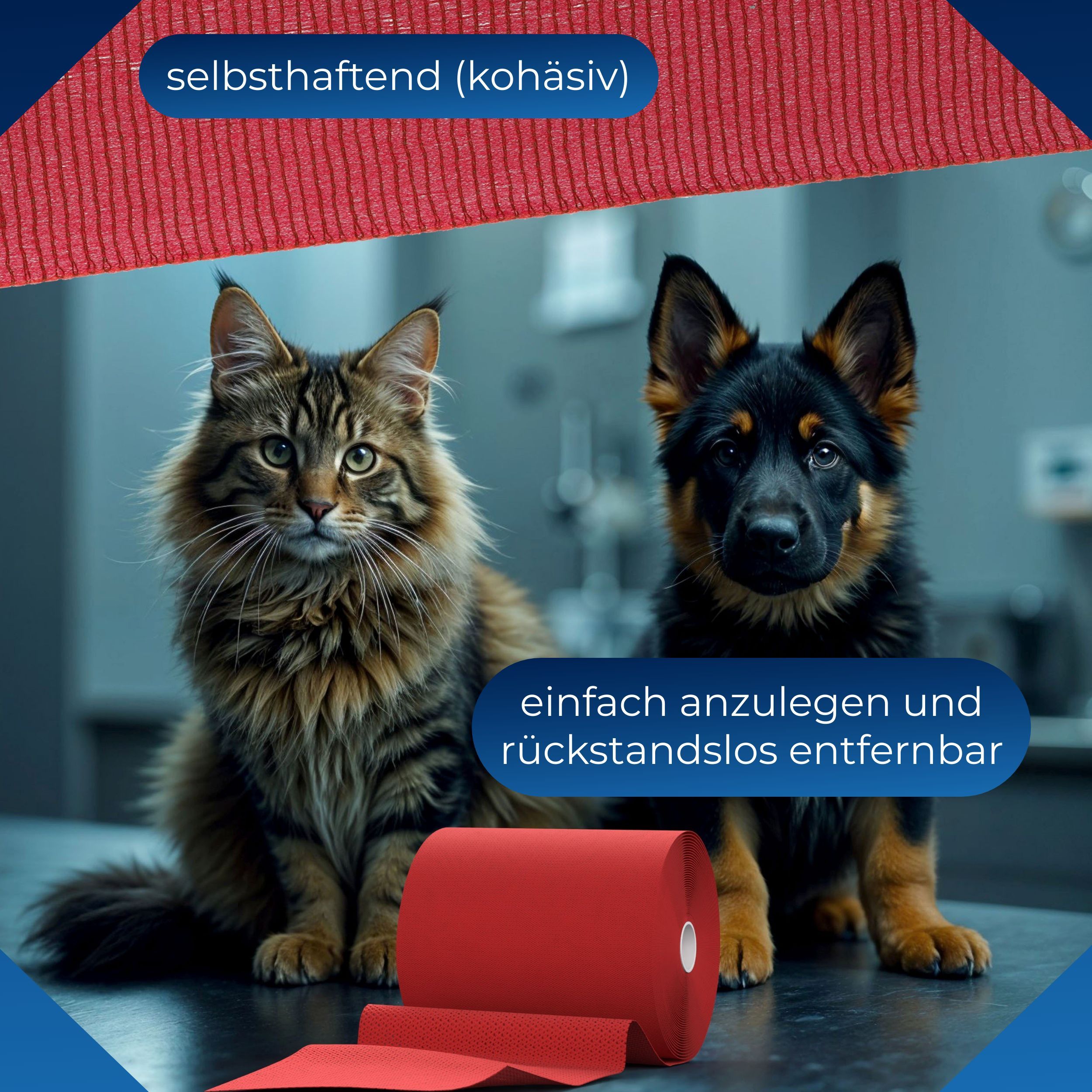 Rolle rote, kohäsive Fixierbinde. Text: Selbsthaftend (kohäsiv), einfach anzulegen und rückstandslos entfernbar. Katze und Hund.