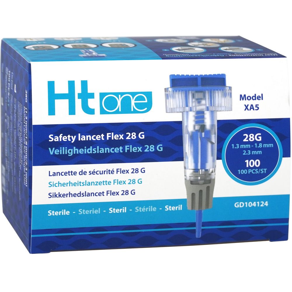 Verpackung mit HT One Safety lancet Flex 28 G. Produktname und Spezifikationen aufgedruckt. Enthält 100 Stück.