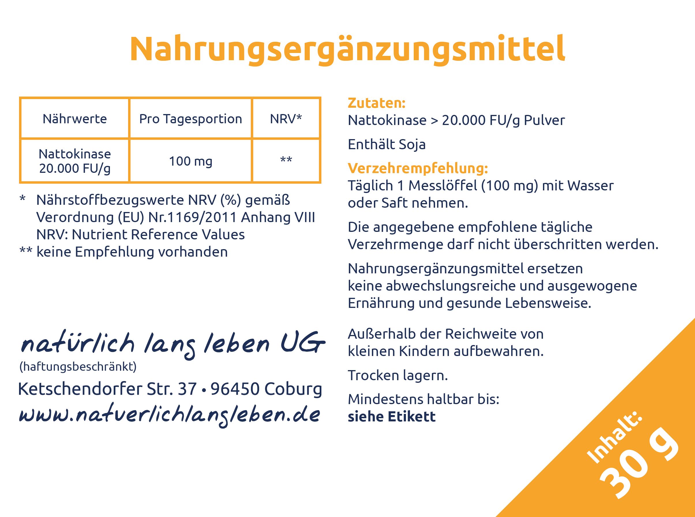 Nahrungsergänzungsmittel-Informationen mit Nattokinase. Tabellen mit Nährwerten und Verzehrempfehlung. Text in deutscher Sprache.