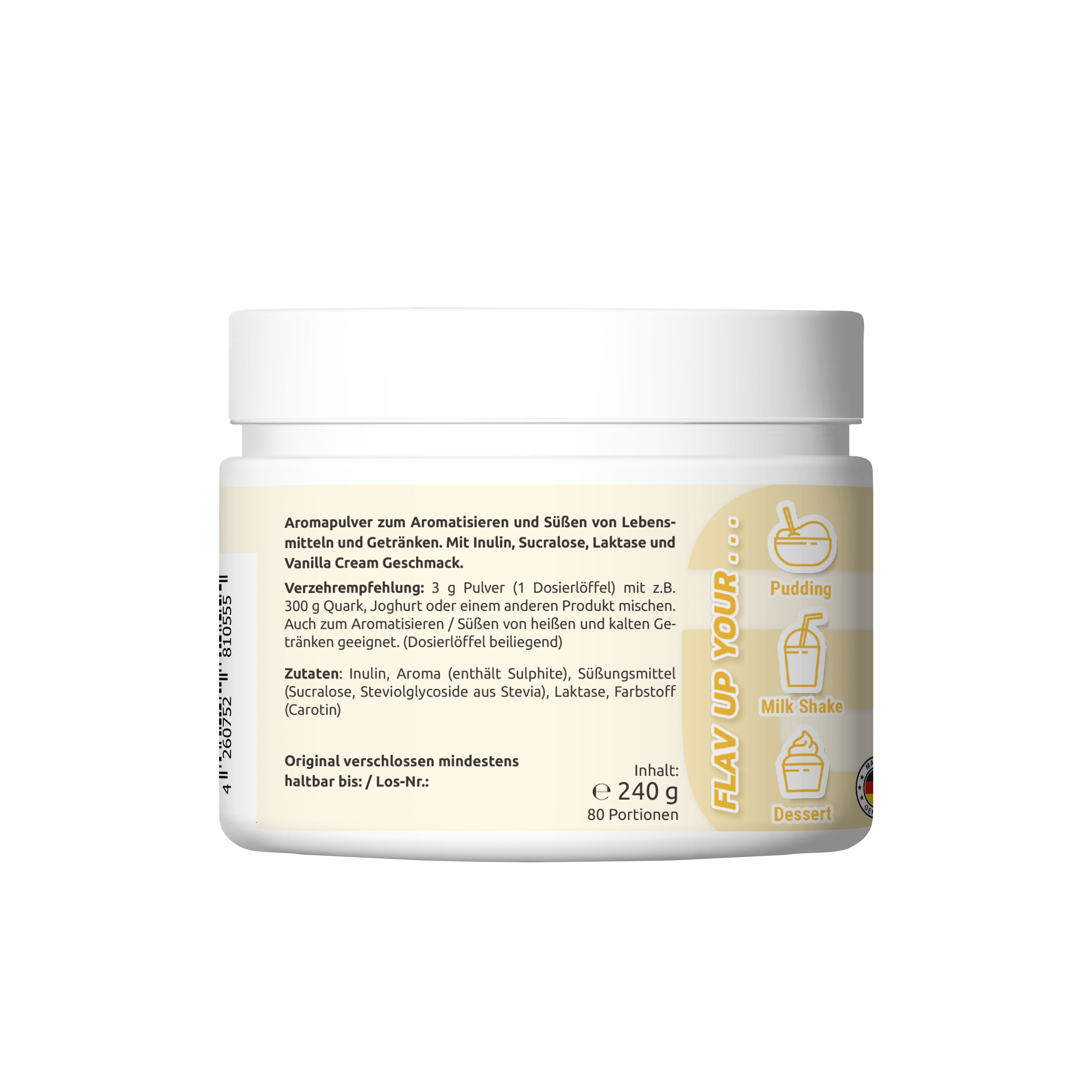 Rückseite des weißen Behälters. Text: Aromapulver, Zutaten, Verzehrempfehlung, Inhalt 240g, 80 Portionen. Illustrationen: Pudding, Milkshake, Dessert.