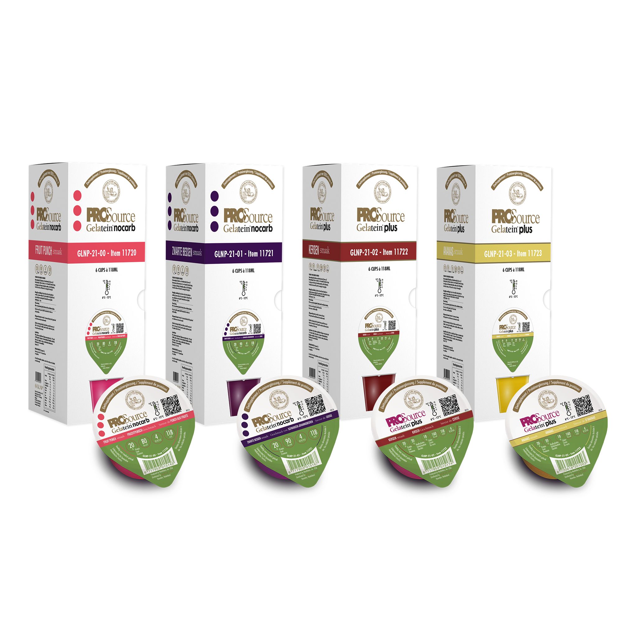 PROSource Gelatein Plus, verschiedene Geschmacksrichtungen. Einzelne Becher und Verpackungen mit Produktinformationen.