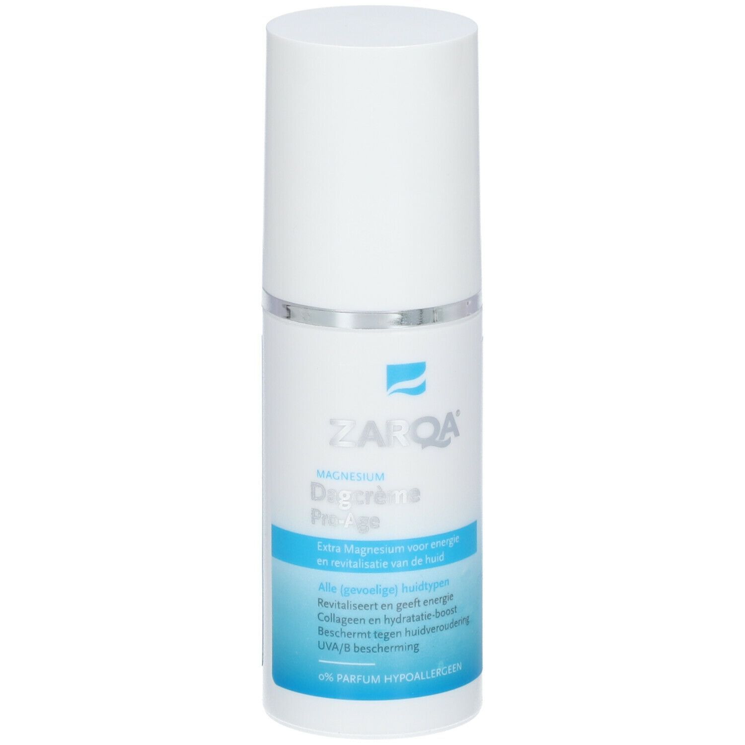 Flacon blanc ZARQA Magnesium Crème de jour Pro-Age. Texte: Magnesium, Pro-Age, ingrédients, certification.