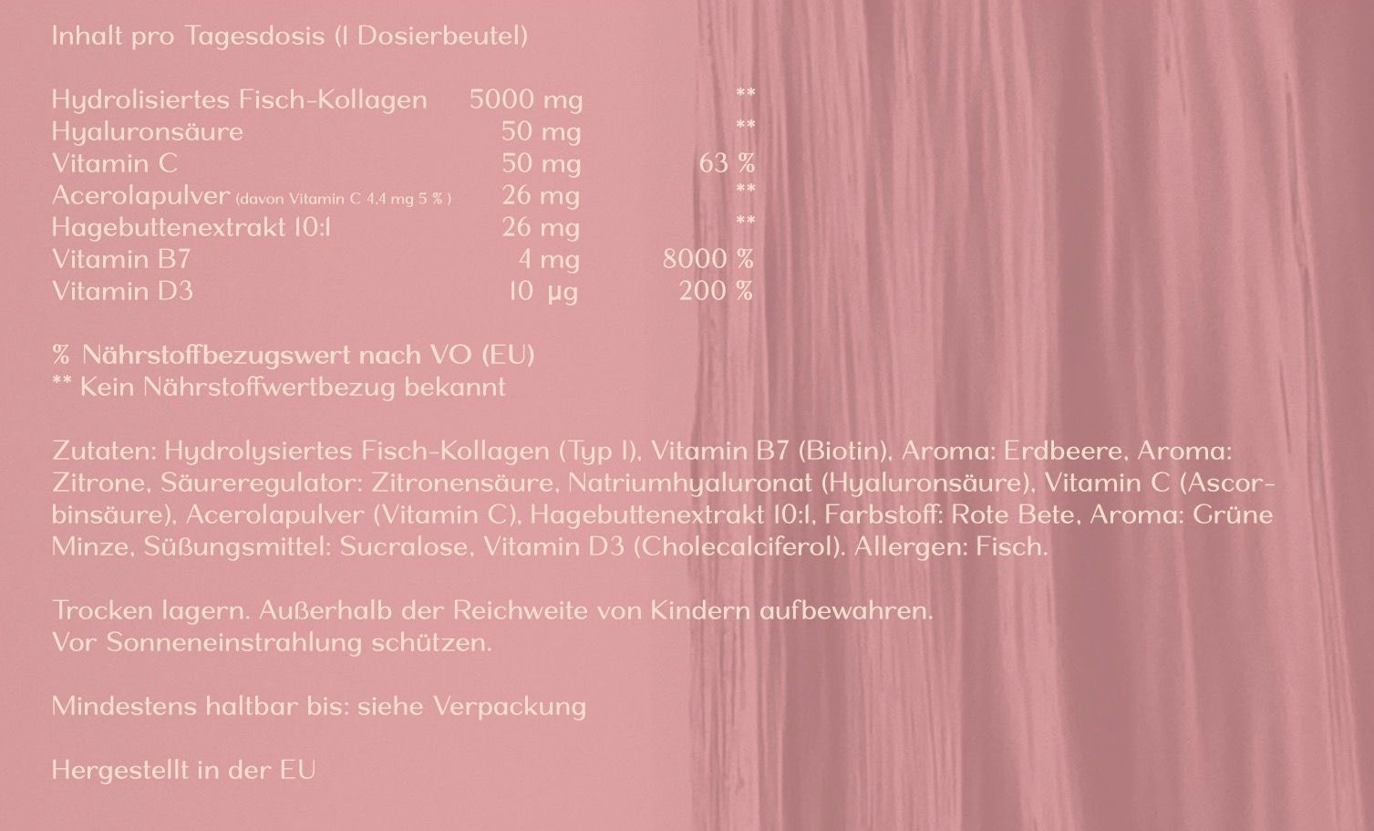 Nährwerttabelle und Zutatenliste für HAV Collagen Strawberry Lemonade.