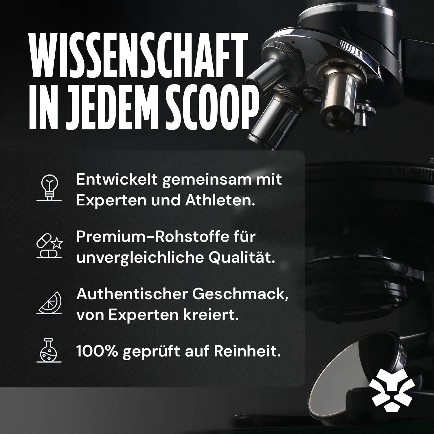 Mikroskop. Text: Wissenschaft in jedem Scoop. Text über Experten und Athleten, Premium-Rohstoffe, authentischer Geschmack, 100% Reinheit.
