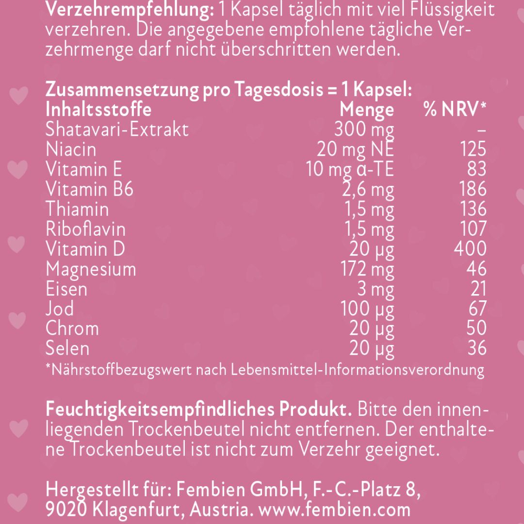 Text mit Nährwertangaben pro Tagesdosis. Enthält Shatavari-Extrakt, Vitamine und Mineralstoffe. Hergestellt für Fembien GmbH.