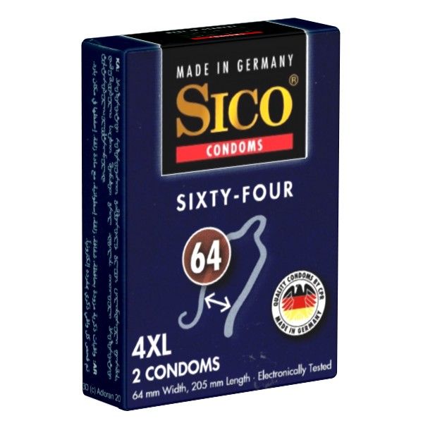 Dunkelblaue Schachtel mit Produktinformationen. Aufschrift: SICO CONDOMS SIXTY-FOUR. Enthält 2 Kondome, 64 mm Breite, 205 mm Länge. Made in Germany.