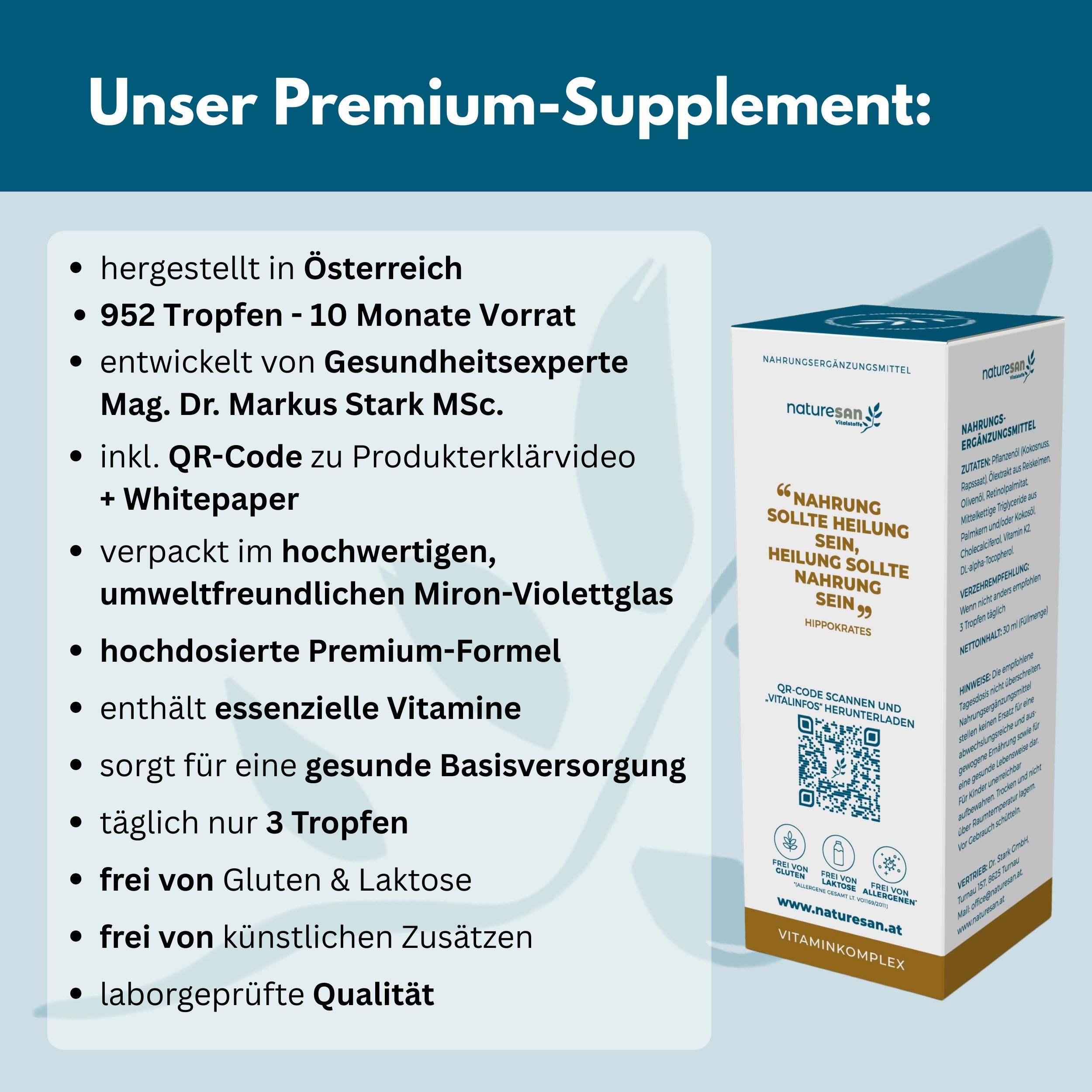 Produktbox mit Text: Nahrung sollte Heilung sein. Enthält QR-Code. Hergestellt in Österreich. Marke: naturesan.