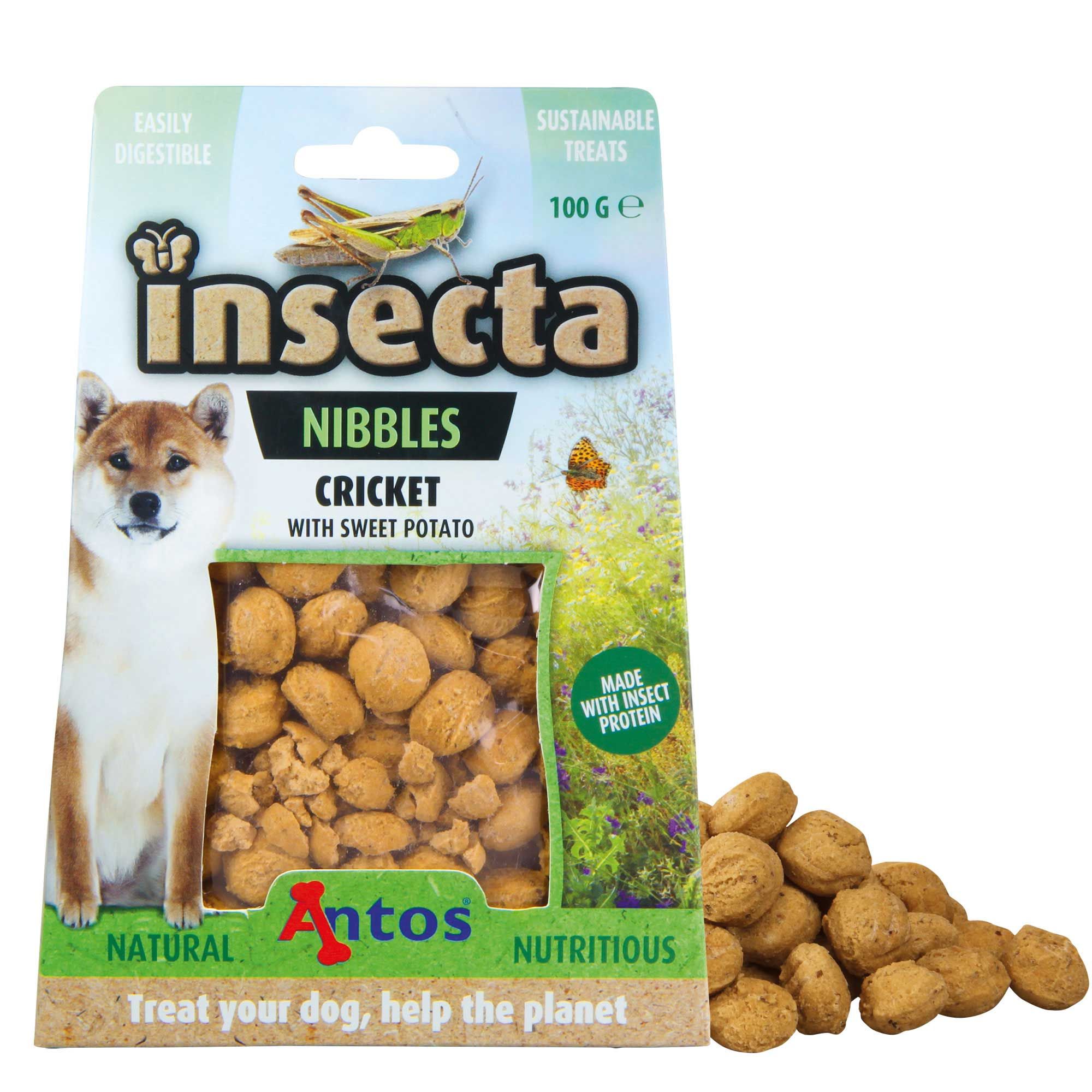 Verpackung von Hundekeksen mit dem Aufdruck "Insecta Nibbles Cricket". Ein Hund ist abgebildet. Die Kekse sind durchsichtig sichtbar.