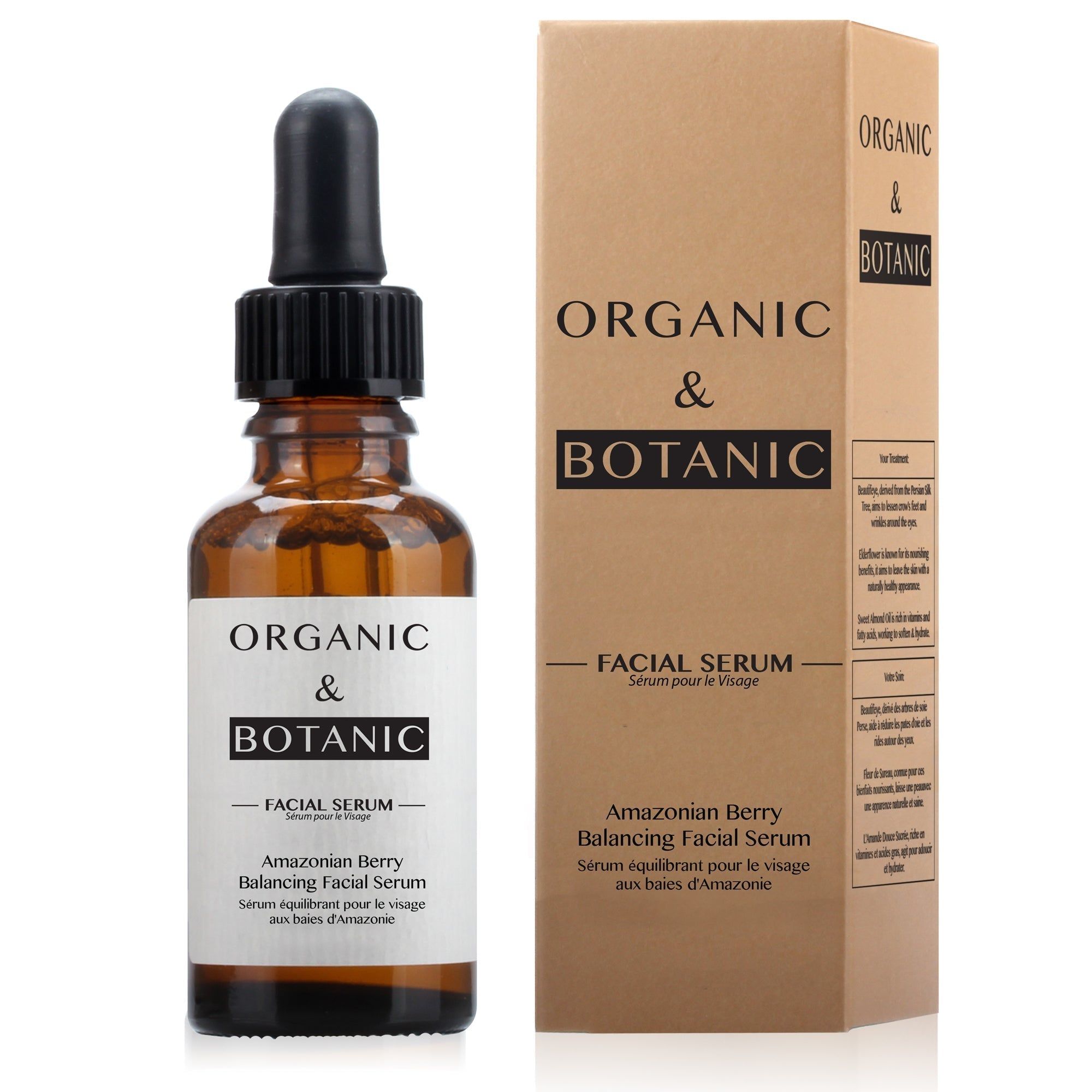 Braune Glasflasche mit Pipette und Karton. Etiketten mit "ORGANIC & BOTANIC" und "FACIAL SERUM".