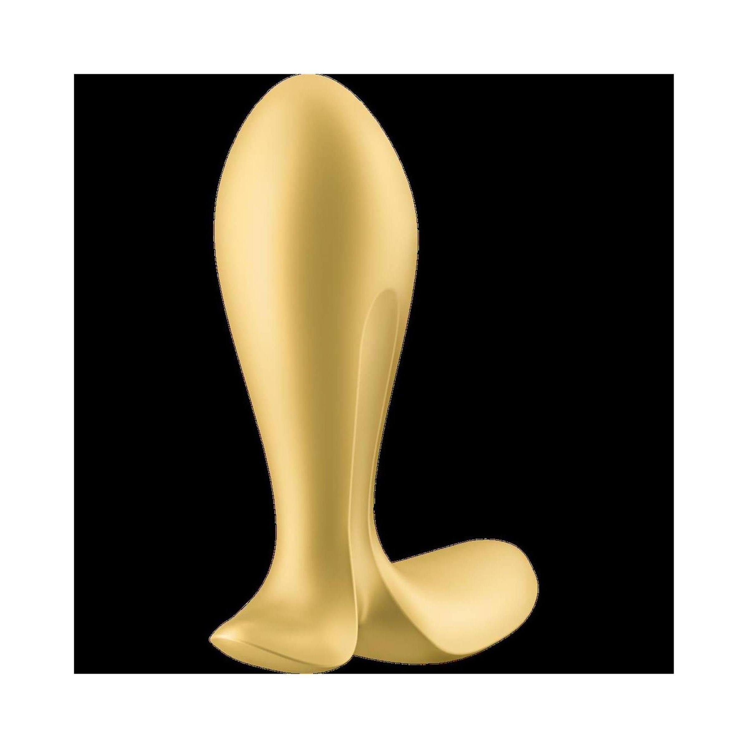 Goldfarbener Analplug. Tropfenförmiger Kopf, geschwungener Schaft, breite Basis. Glatte Oberfläche.