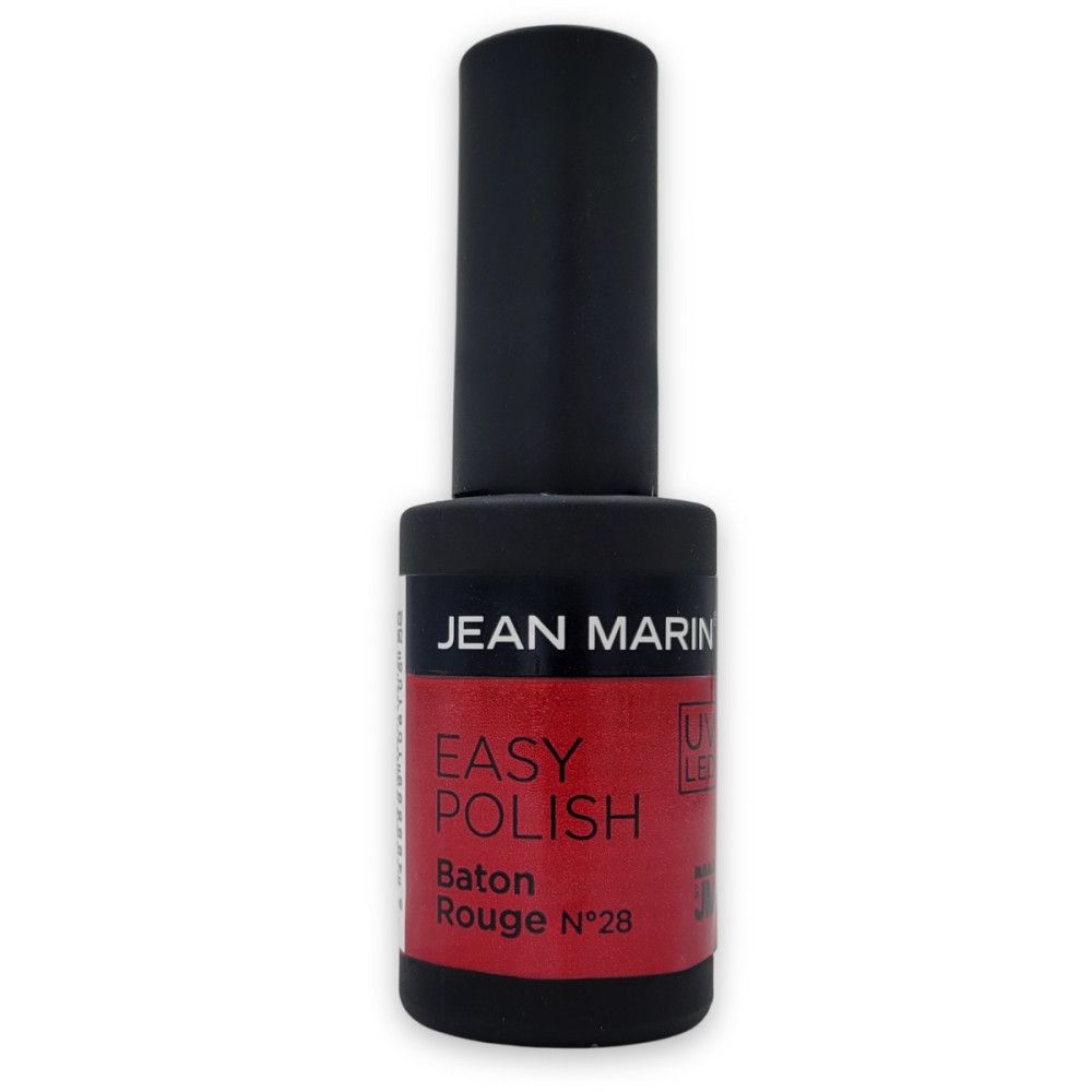 Nagellackflasche mit schwarzem Deckel. Auf dem Etikett steht "JEAN MARIN EASY POLISH Baton Rouge N°28".