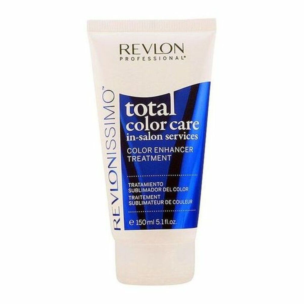 Weiß-blaue Tube mit Produktbezeichnung: Revlonissimo Total Color Care Color Enhancer Treatment. Text in mehreren Sprachen.