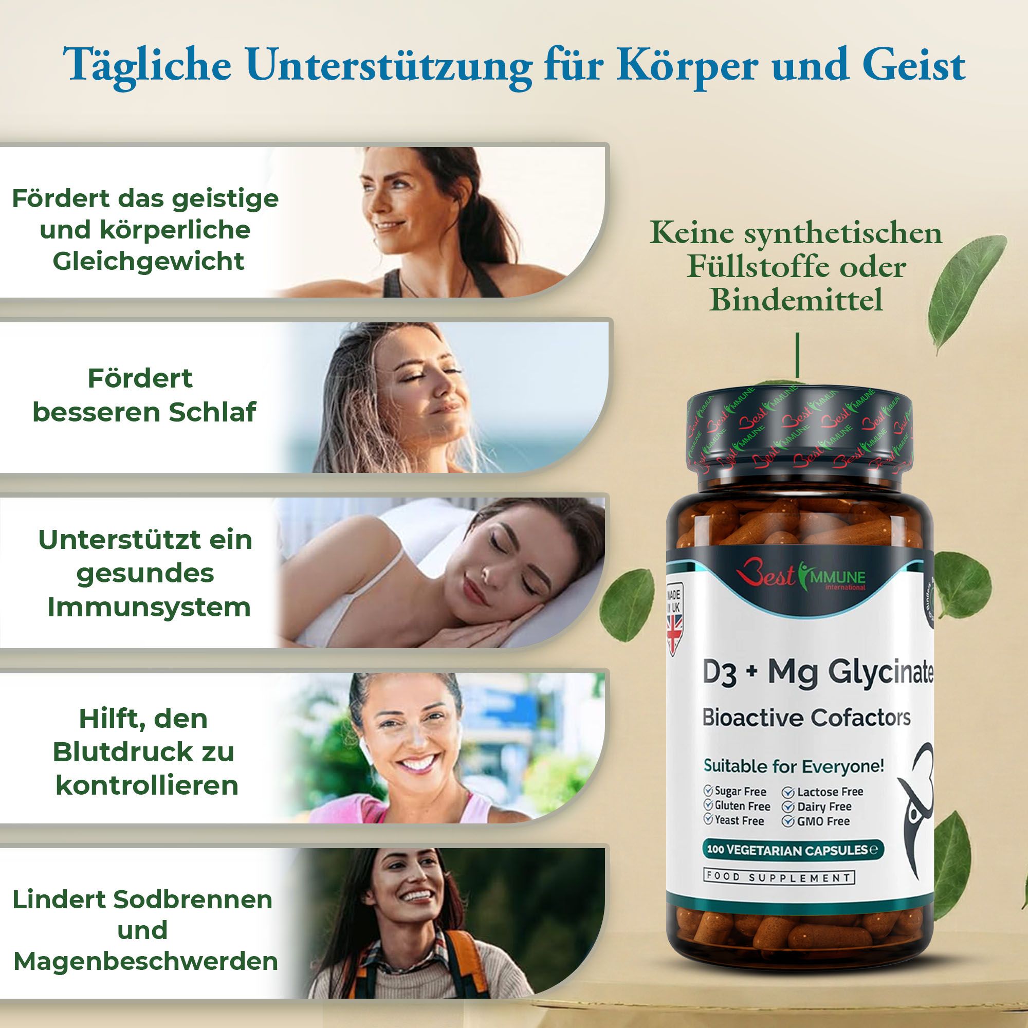 Bilder von Frauen, die verschiedene Vorteile von D3 + Mg Glycinat illustrieren, neben dem Produkt.