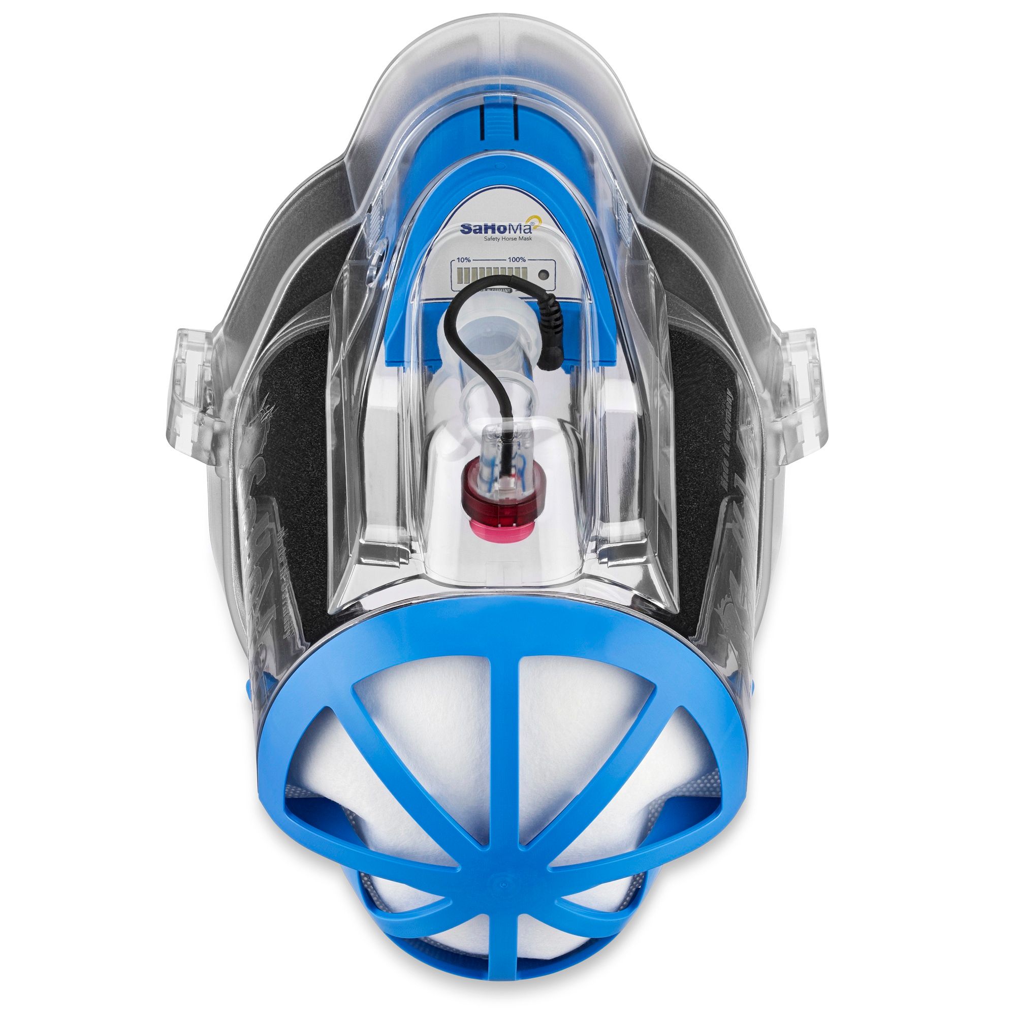 Inhalationsmaske, transparente Kunststoffteile, blaue Akzente. Filter und roter Verschluss sichtbar.