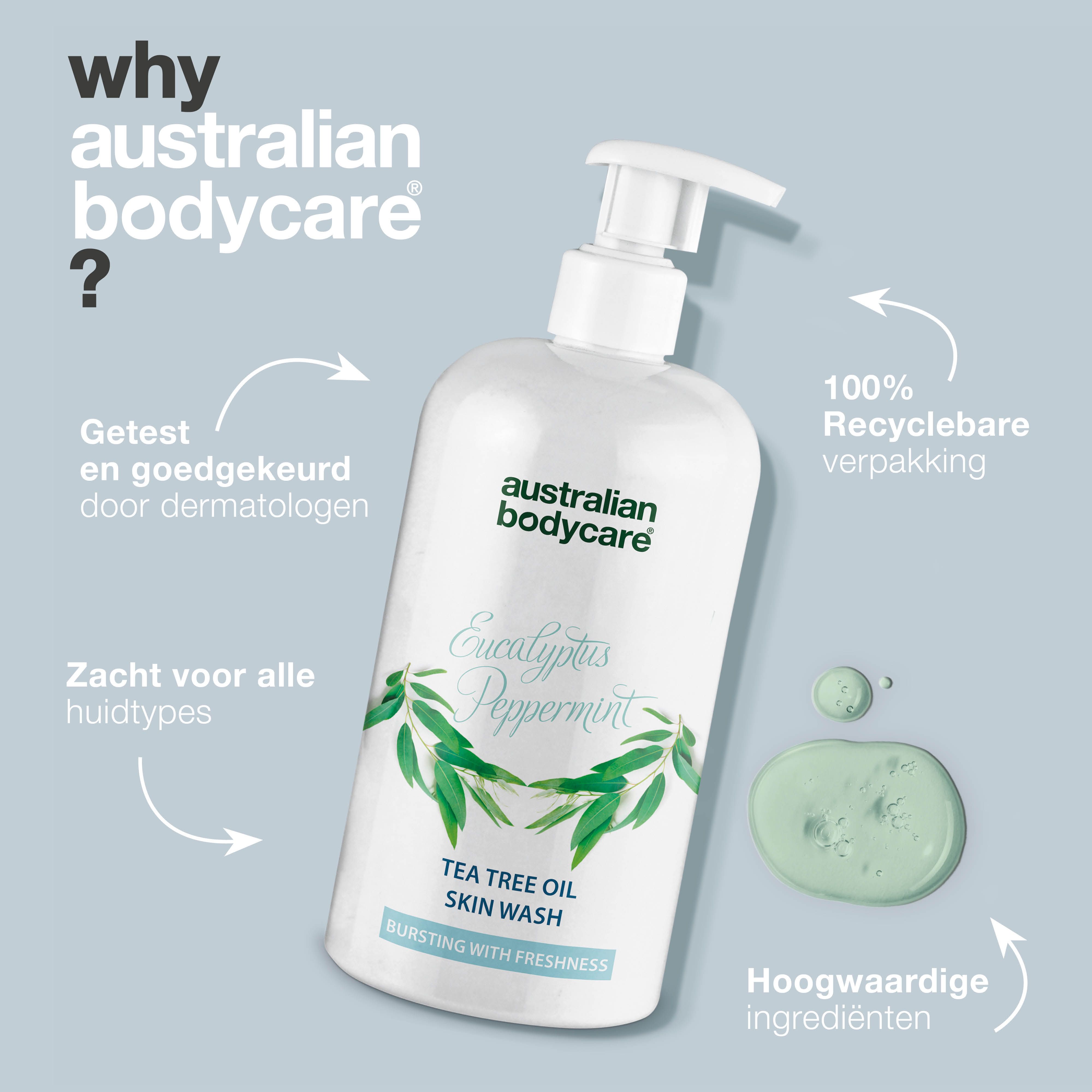 Fles met pomp. Tekst: Australian Bodycare, Skin Wash. Tekst: Getest en goedgekeurd door dermatologen. 100% recyclebaar.