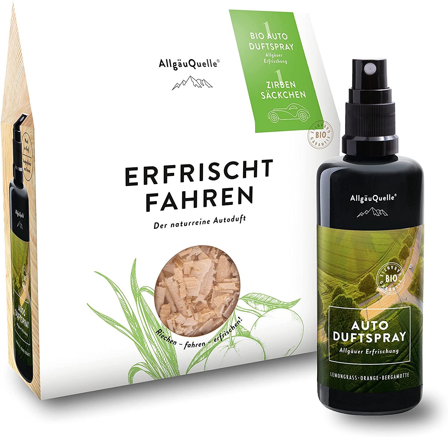 AllgäuQuelle Bio Autoduft-Set Lufterfrischer Lemongrass mit Zirben-Säckchen als natürlichem Duftbaum