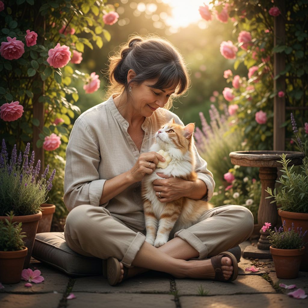 Frau sitzt im Garten, hält Katze im Arm. Rosenbogen im Hintergrund. Frau trägt beiges Hemd und Hose. Katze ist orange-weiß.