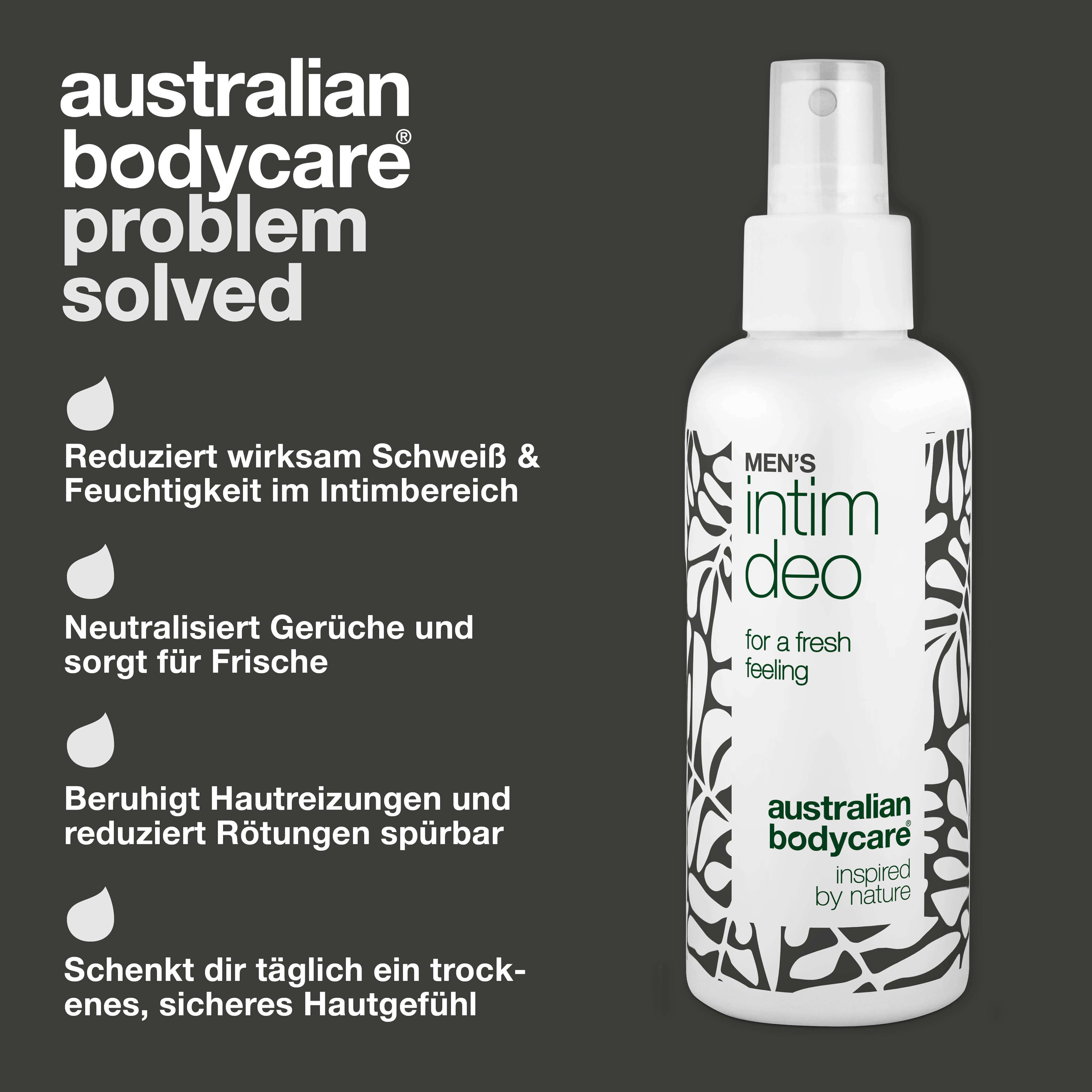 Deodorant-Spray neben Text: Reduziert Schweiß, neutralisiert Gerüche, lindert Reizungen. Marke: Australian Bodycare.