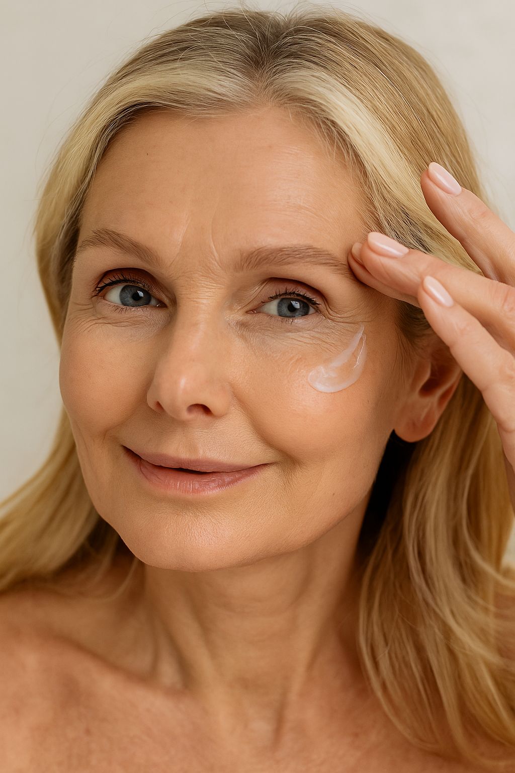 Frau trägt Creme auf die Haut auf. Creme wird auf die Haut aufgetragen.