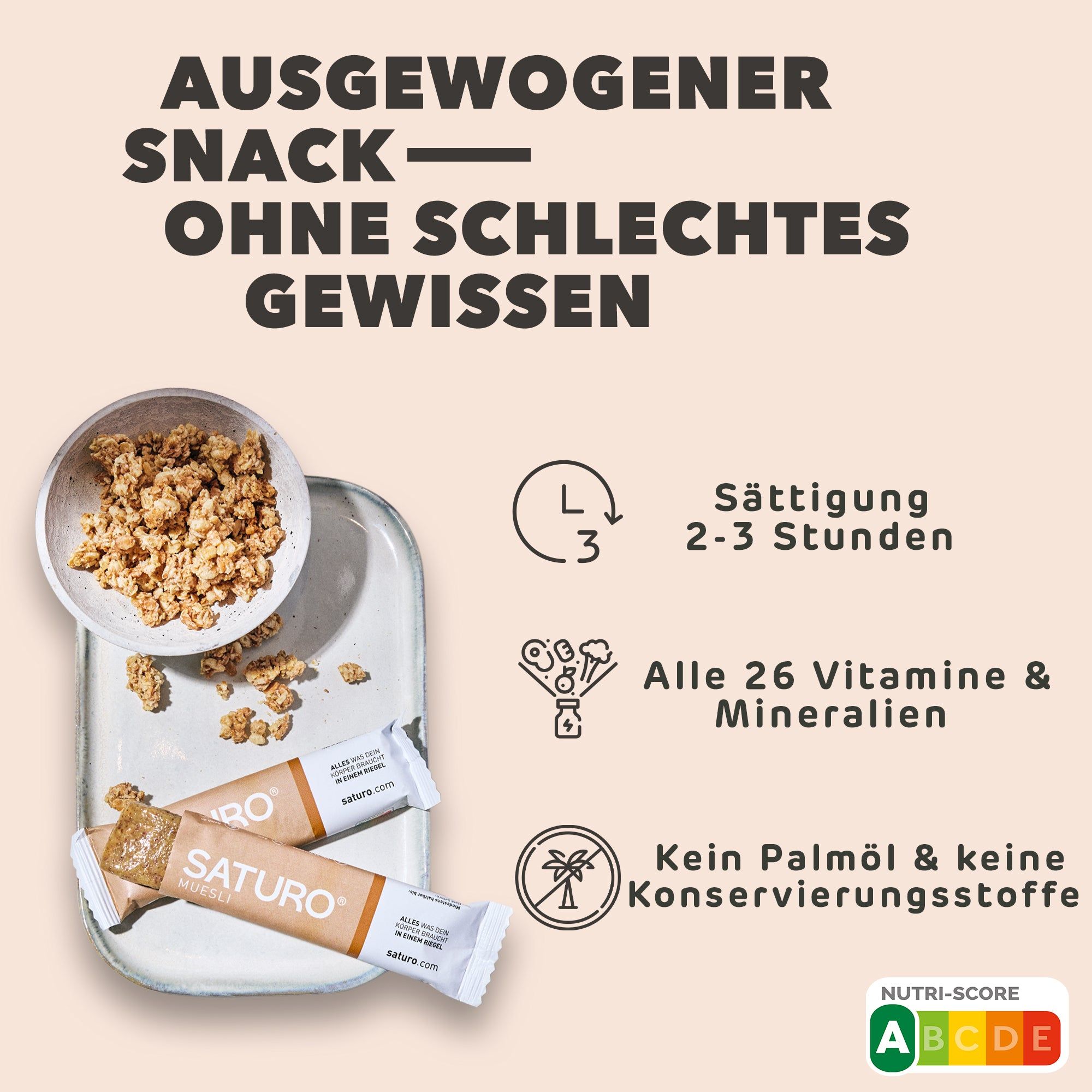 Saturo Energieriegel | Müsli | alle 26 Vitamine & Mineralstoffe, reich an Protein | vegan