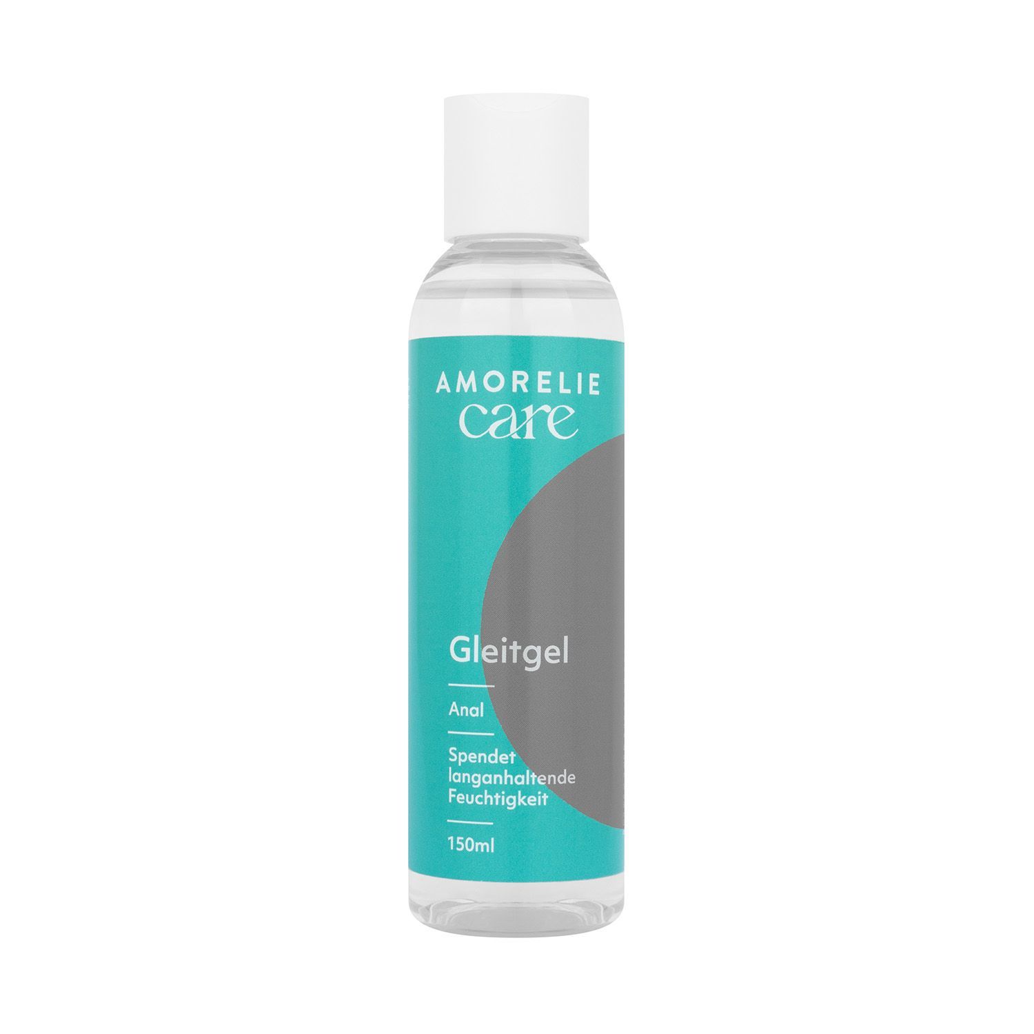 Flacon cylindrique à bouchon blanc. Étiquette turquoise avec AMORELIE care et Gleitgel. 150ml.