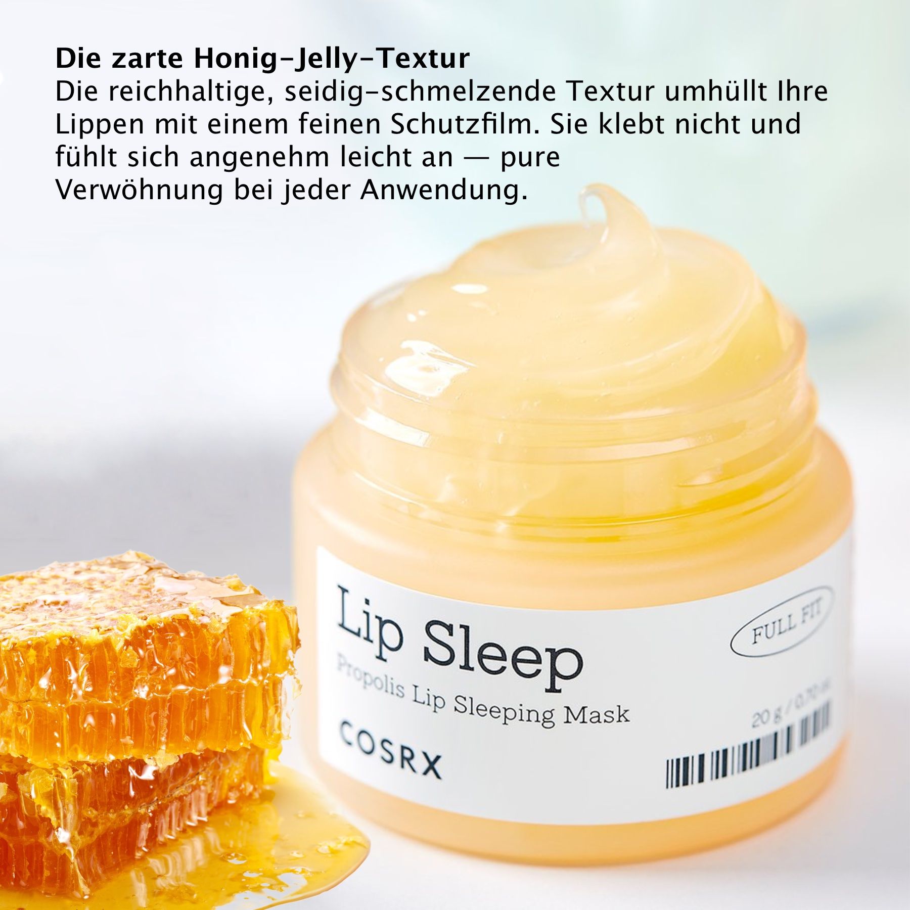 Glas COSRX Lip Sleep Propolis Sleeping Mask. Gelbe Creme. Honigwabe. Text mit Produktnamen und Marke.