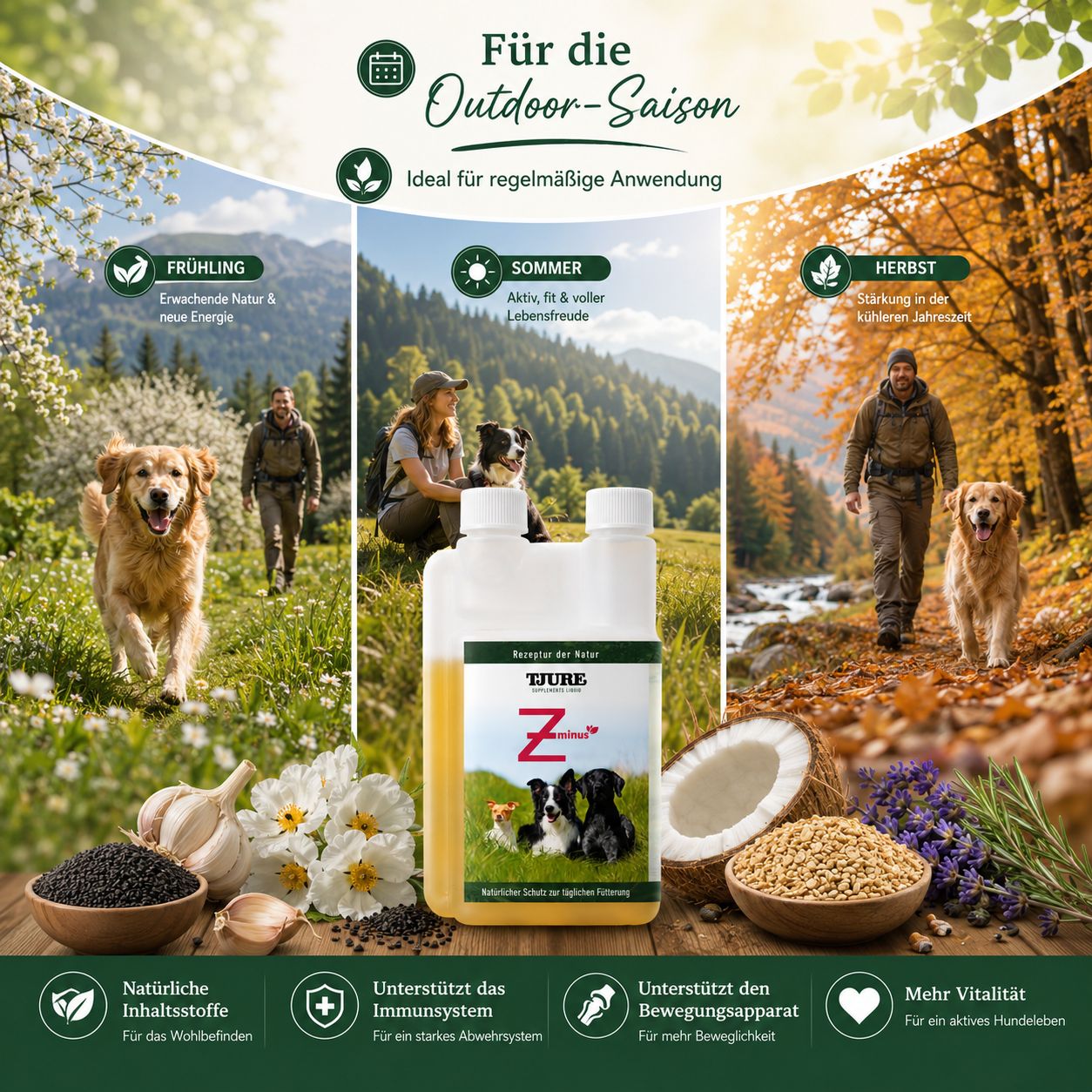 Flasche mit Hundefutterzusatz, umrahmt von Szenen aus Frühling, Sommer und Herbst mit wandernden Hunden und Menschen.