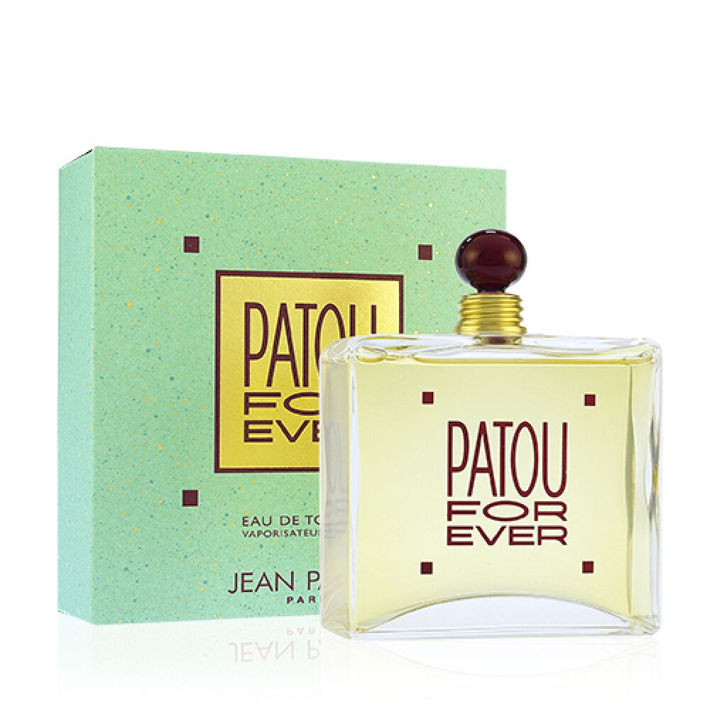 Glasflakon mit Flüssigkeit und Aufschrift PATOU FOR EVER. Daneben die grüne Schachtel. Text: Eau de Toilette Vaporisateur de Luxe. Jean Patou Paris.