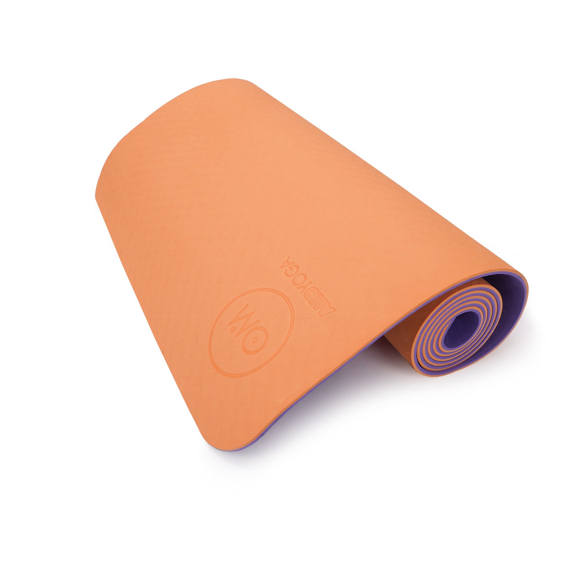 Yogamatte, zweifarbig lila und orange, teilweise aufgerollt, mit Logo.