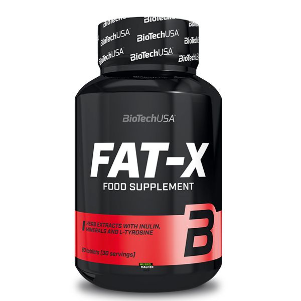 Schwarze Flasche mit weißem "FAT-X"-Schriftzug. "BioTechUSA" und "Food Supplement" sind ebenfalls zu sehen. Roter Streifen mit Text.