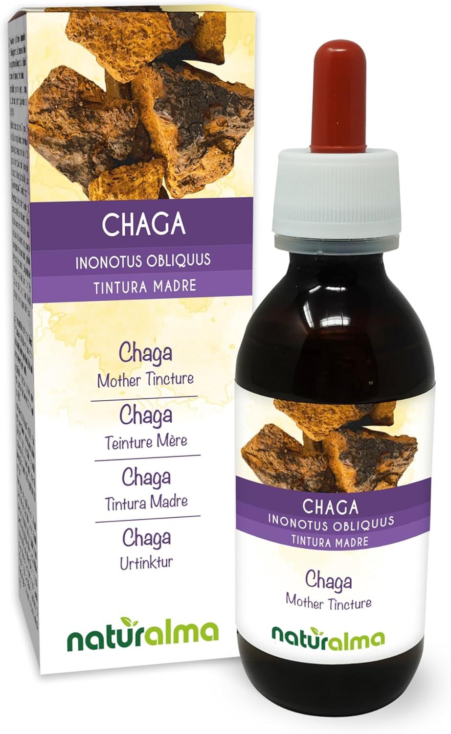Produktflasche und Verpackung. Aufschrift: Chaga Inonotus obliquus. Tinktur. Mit Tropfer.