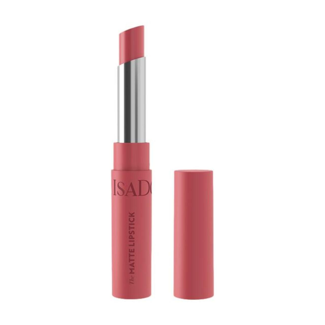 Lippenstift IsaDora, matt. Rosa Hülse und Stift, silberne Basis. Deckel daneben. Text: IsaDora, Matte Lipstick.