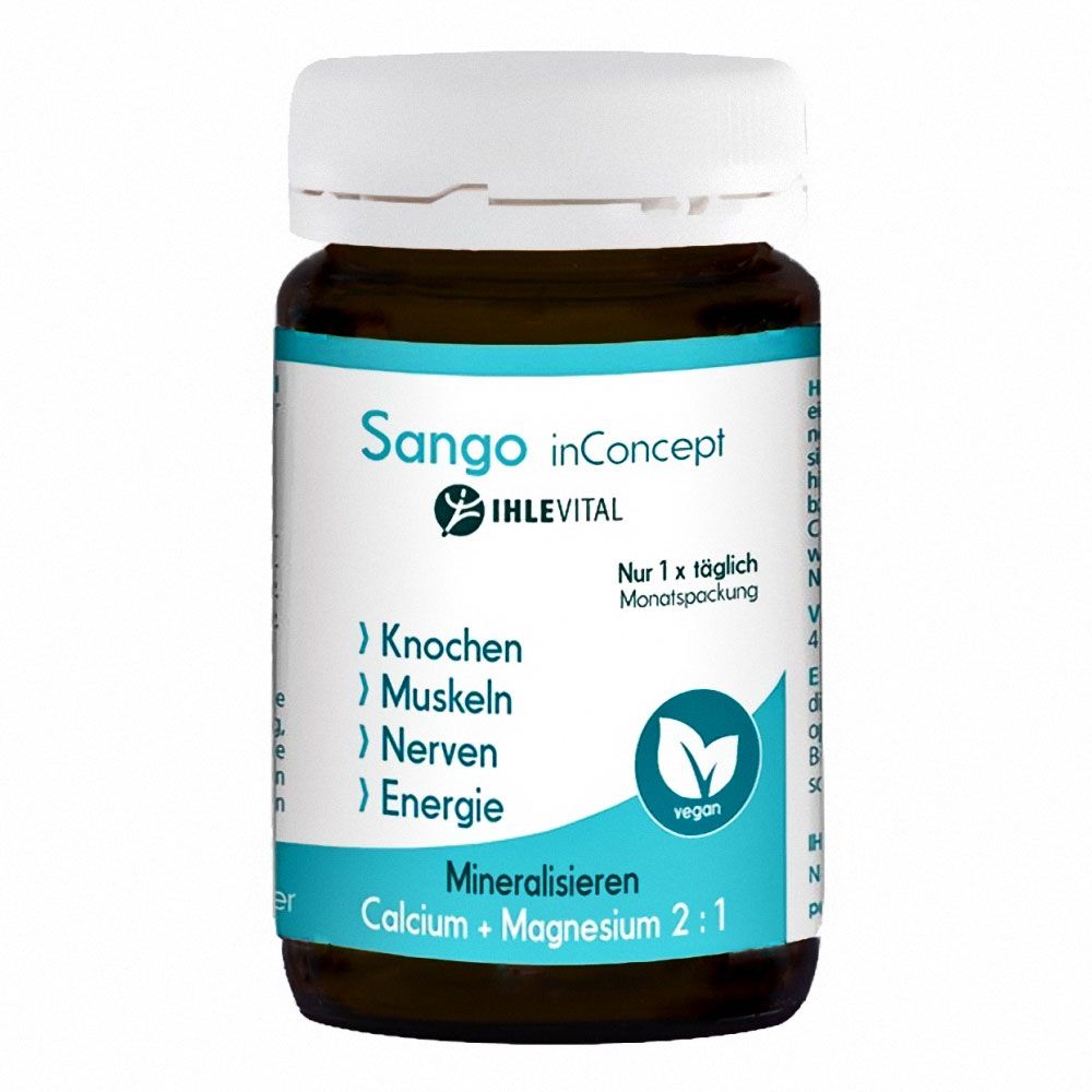 Braune Flasche mit weißem Deckel. Aufschrift: Sango inConcept, IHLEVITAL, vegan. Enthält Calcium + Magnesium 2:1. Monatspackung.