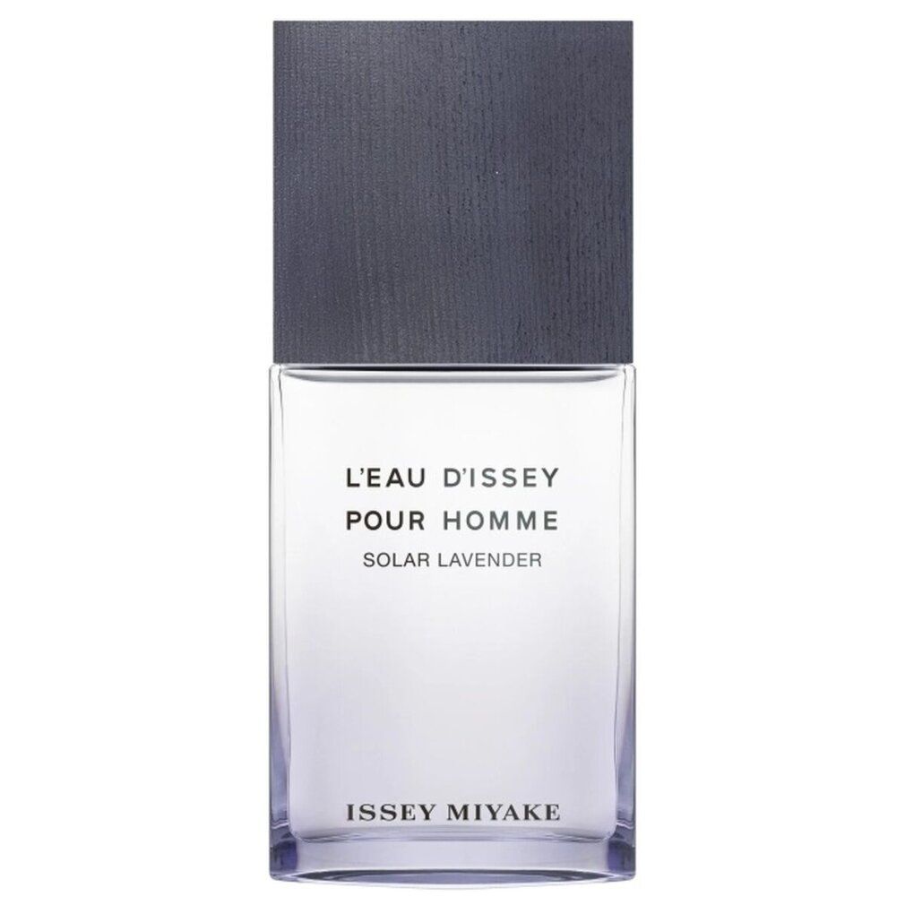 Rechteckiger Flakon mit grauer Kappe. Aufschrift: L'Eau d'Issey pour Homme Solar Lavender. Marke: Issey Miyake.