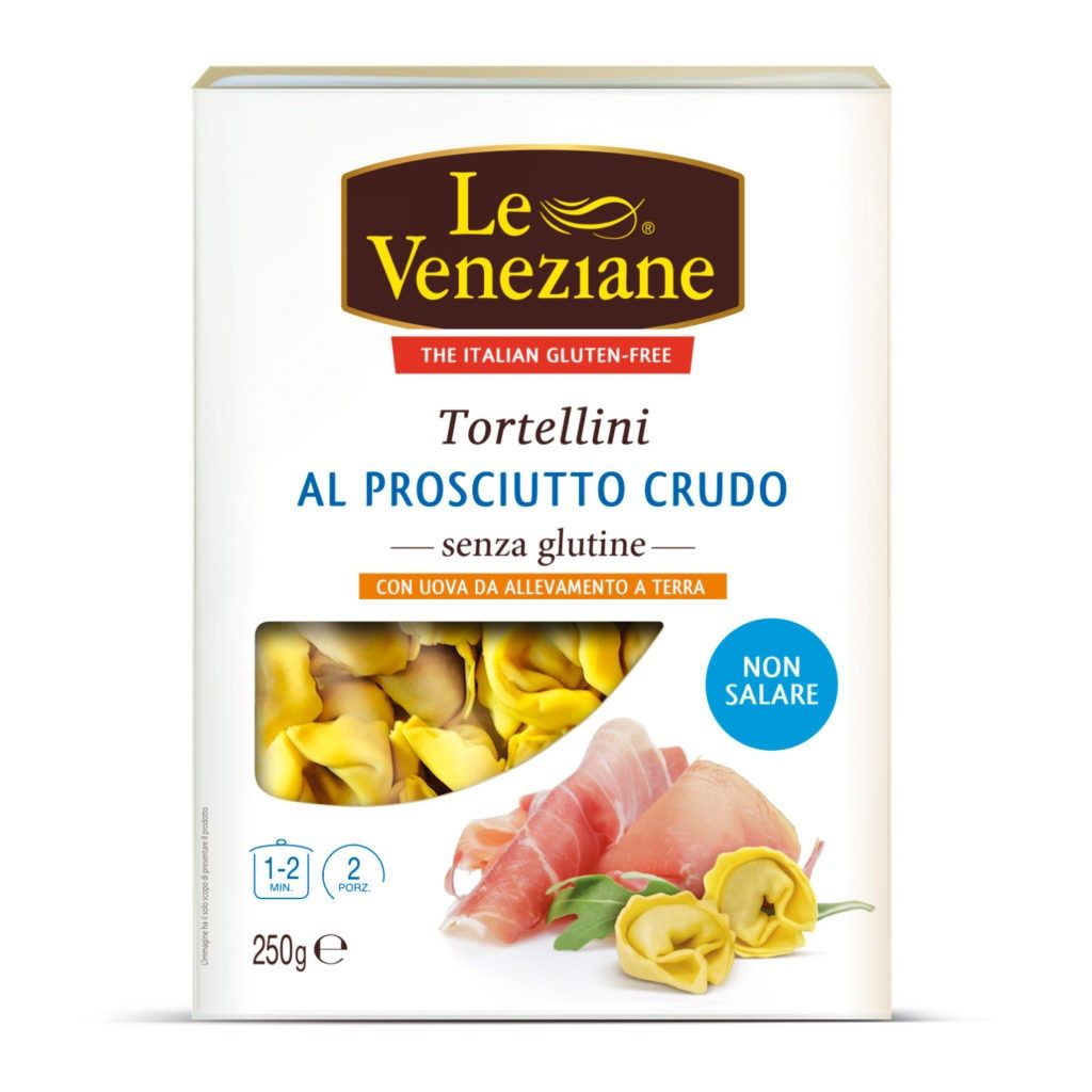 Verpackung von Tortellini mit Prosciutto Crudo, glutenfrei. Marke: Le Veneziane. Enthält 250g. Mit dem Hinweis 'Non Salare'.