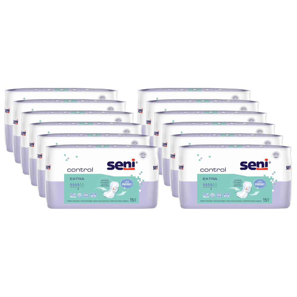 Mehrere Packungen Seni Control Extra Inkontinenzeinlagen. Verpackung mit Produktnamen, Logo und Produktmerkmalen. Mehrere Packungen gestapelt.