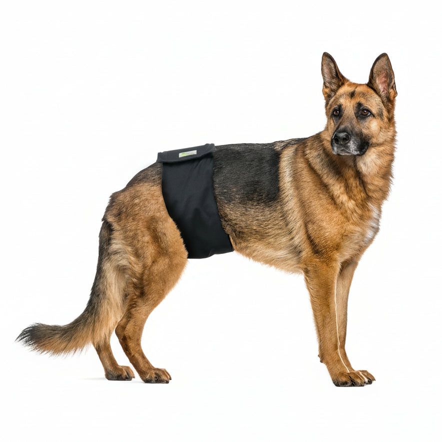 Ein Schäferhund trägt eine schwarze Rüdenwindel. Das Produkt bedeckt den Bauchbereich.