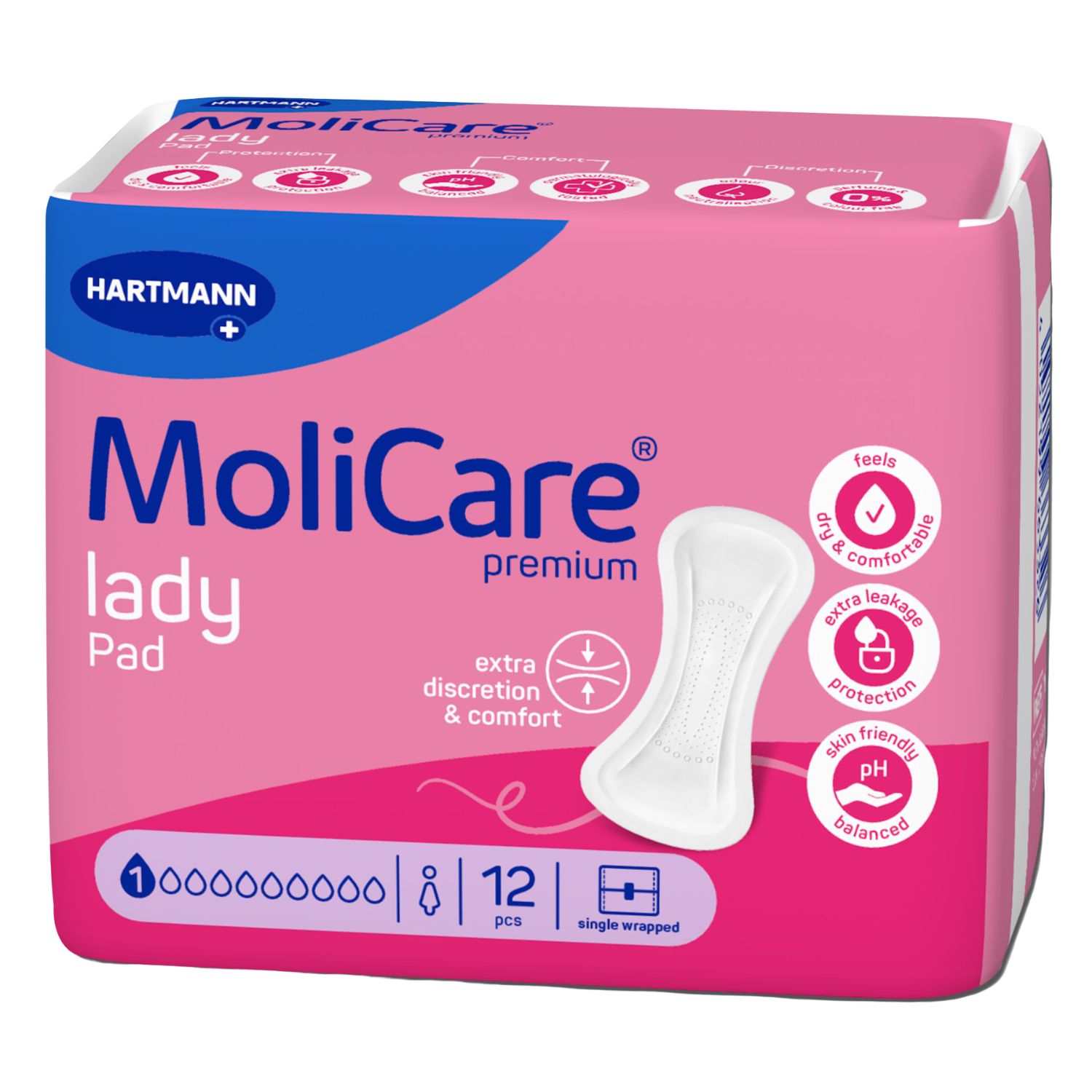 Rosa Verpackung mit MoliCare Lady Pad. Zeigt ein Pad, Logos und Produktinformationen. 12 Stück, einzeln verpackt.