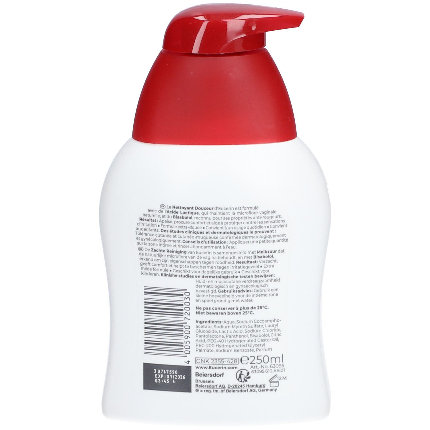 Flacon blanc avec pompe rouge. Texte au dos et code-barres. Eucerin pH5 INTIM-PROTECT.